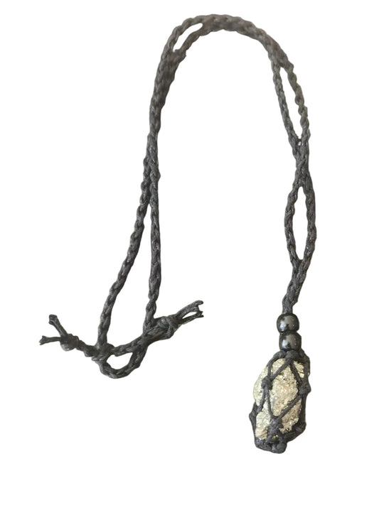 Raw Pyrite Crystal Macramé Black Necklace – Abundance, Confidence & Prosperity Crystal Jewellery