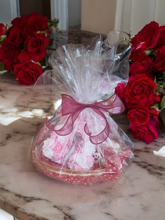 Valentine’s Day Gift Hamper – Rose Teddy Bear, Bath Salts, Candle & Gold Artificial Rose