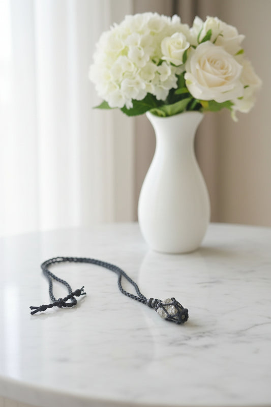 Raw Pyrite Crystal Macramé Black Necklace – Abundance, Confidence & Prosperity Crystal Jewellery