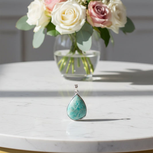Amazonite Drop Silver Plated Pendant – Crystal Jewellery - Auras Workshop Auras Workshop
