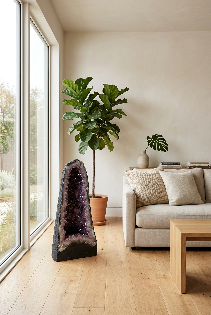 Amethyst Geode – 34 × 59 cm, 56.52 kg – shown in a living room setting