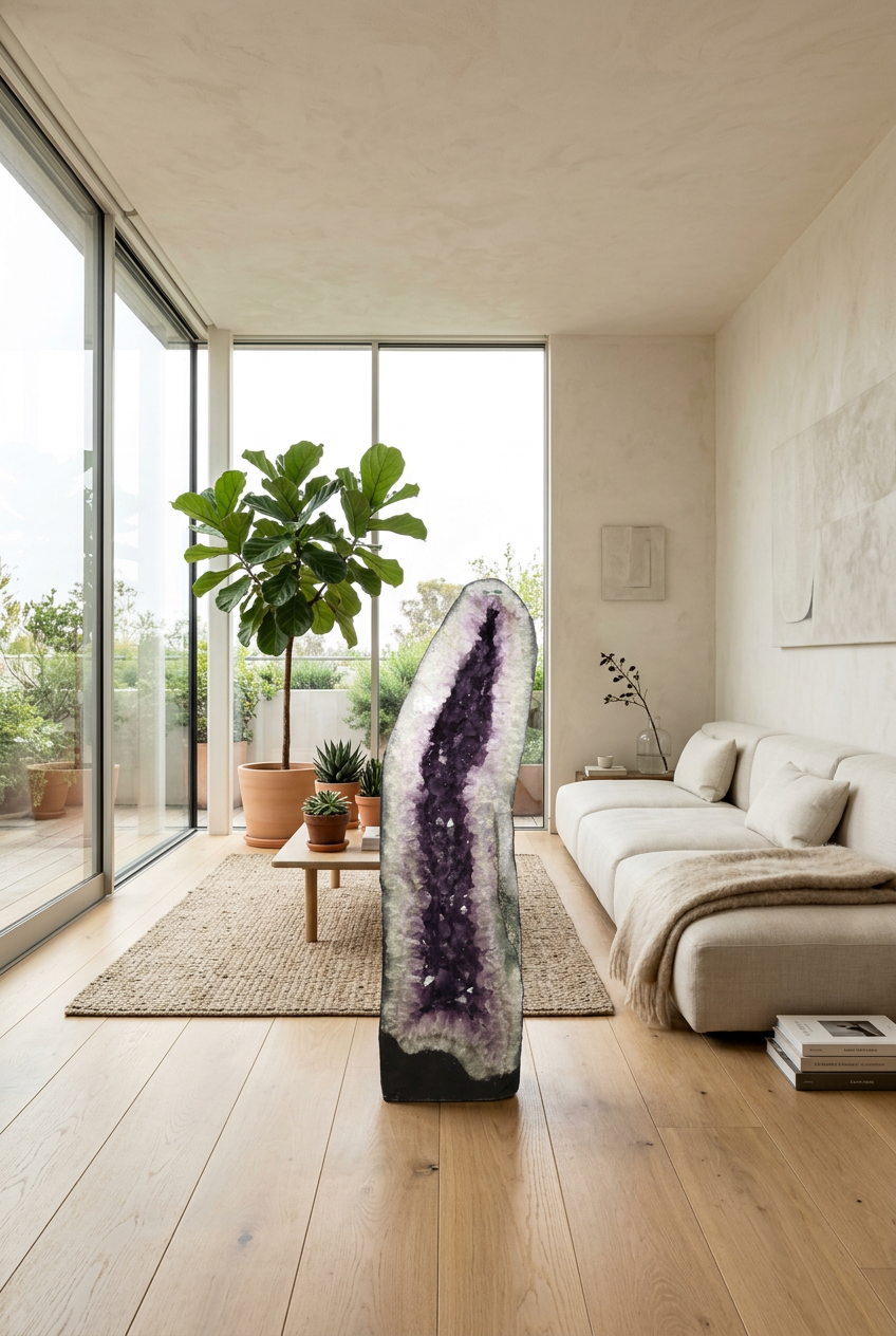 Amethyst Cathedral Geode – 95 cm Tall, 76.68 kg – shown in a living room setting