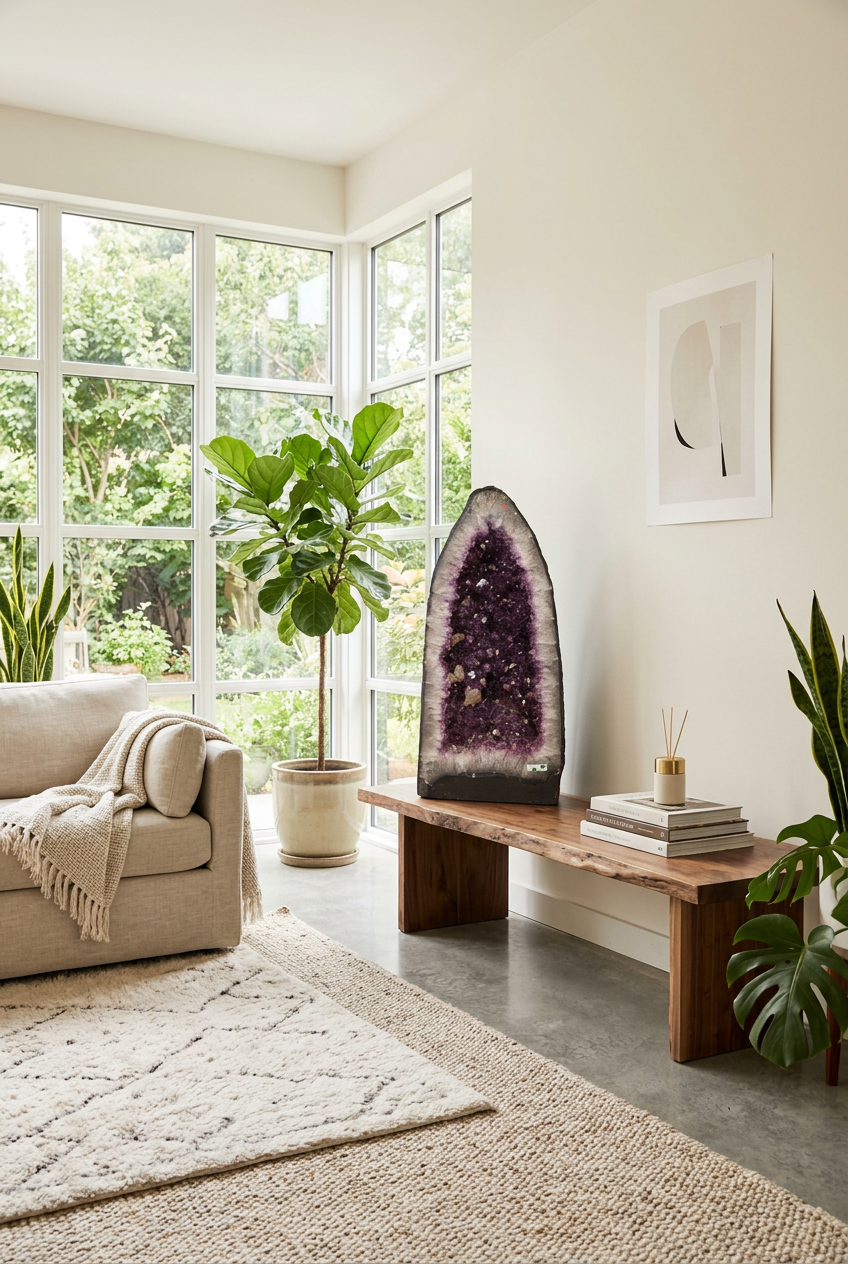 Amethyst Geode – 29 × 60 cm, 36.5 kg – shown in a living room setting