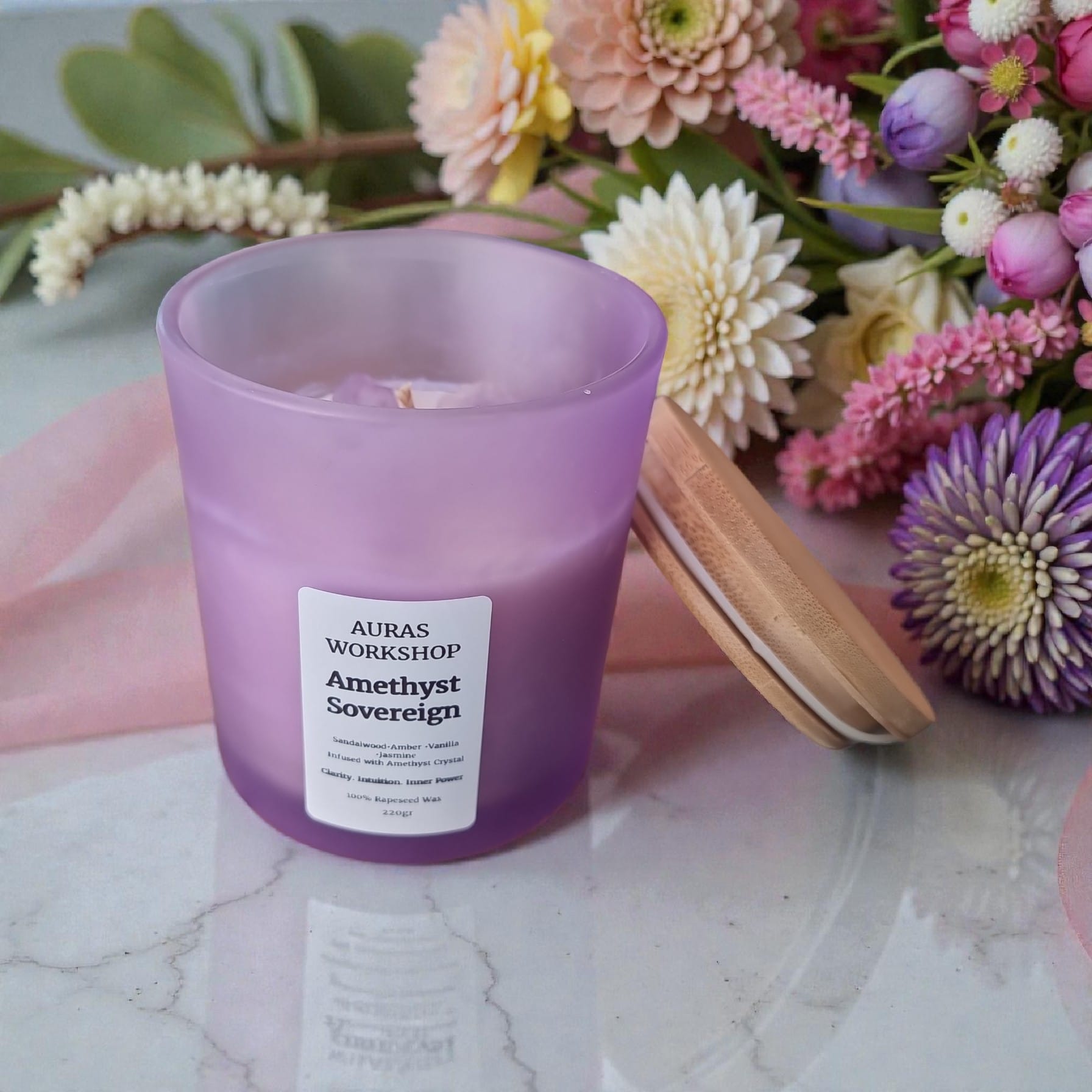 💜✨ Amethyst Sovereign Candle | Aura’s Workshop | Sandalwood, Amber, Vanilla & Jasmine | Amethyst Crystal Infused | 220g | 100% Rapeseed Wax - Auras Workshop Auras Workshop