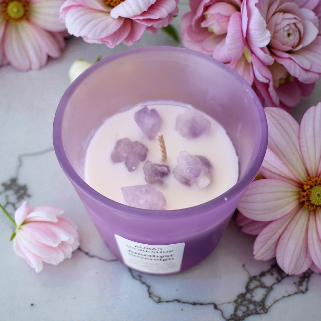 💜✨ Amethyst Sovereign Candle | Aura’s Workshop | Sandalwood, Amber, Vanilla & Jasmine | Amethyst Crystal Infused | 220g | 100% Rapeseed Wax - Auras Workshop Auras Workshop