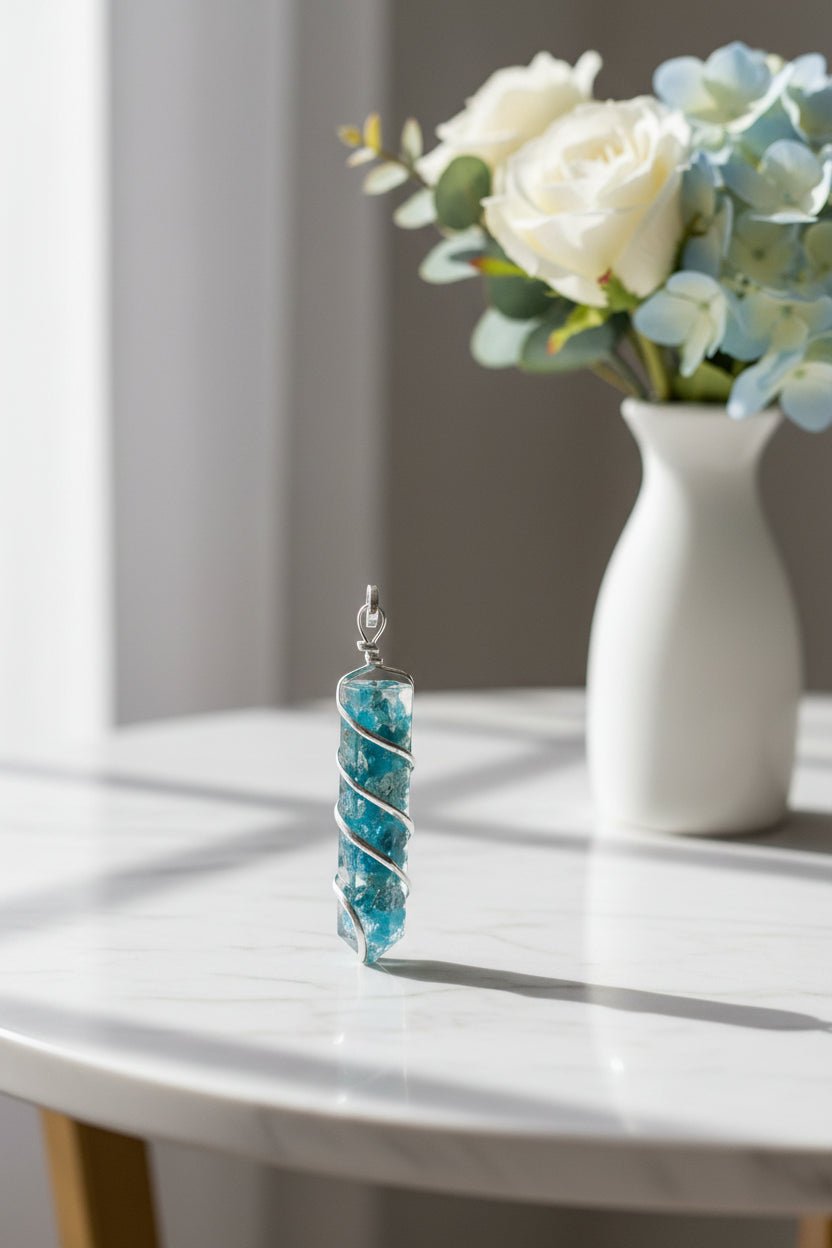 Apatite Spiral Silver Plated Pendant – Crystal Jewellery - Auras Workshop Auras Workshop