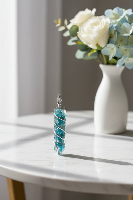 Apatite Spiral Silver Plated Pendant – Crystal Jewellery - Auras Workshop Auras Workshop