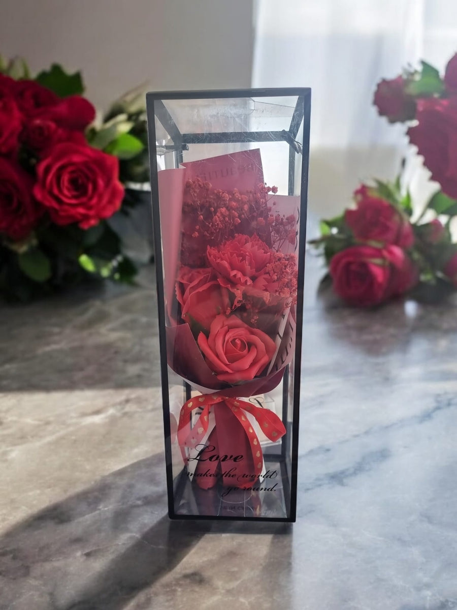 Artificial Rose Bouquet Gift Box – 2 Roses & 1 Flower with Valentine’s Bow & Handle (24cm)