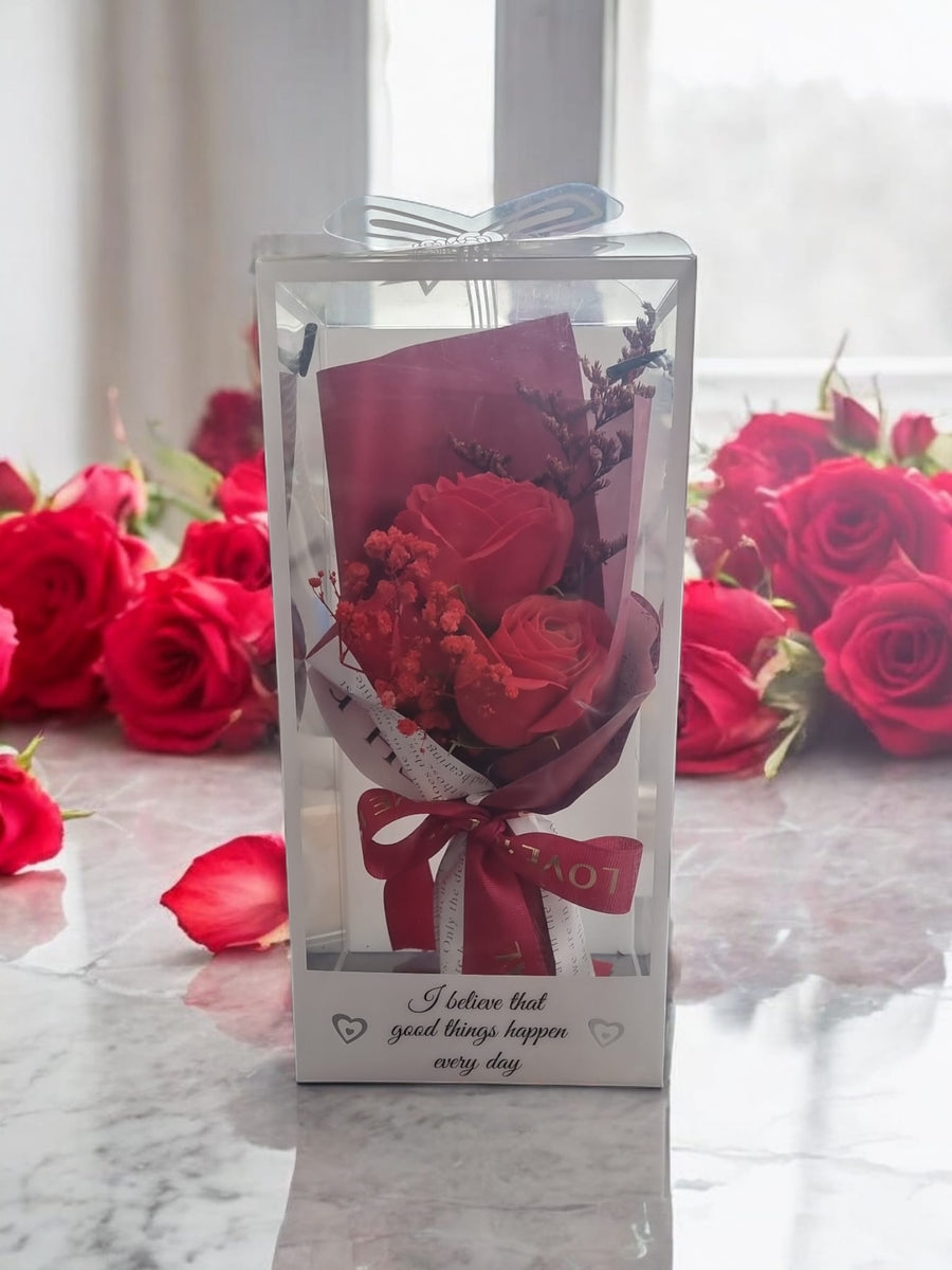 Artificial Rose Bouquet Gift Box – 3 Roses with Valentine’s Bow & Handle (24cm)