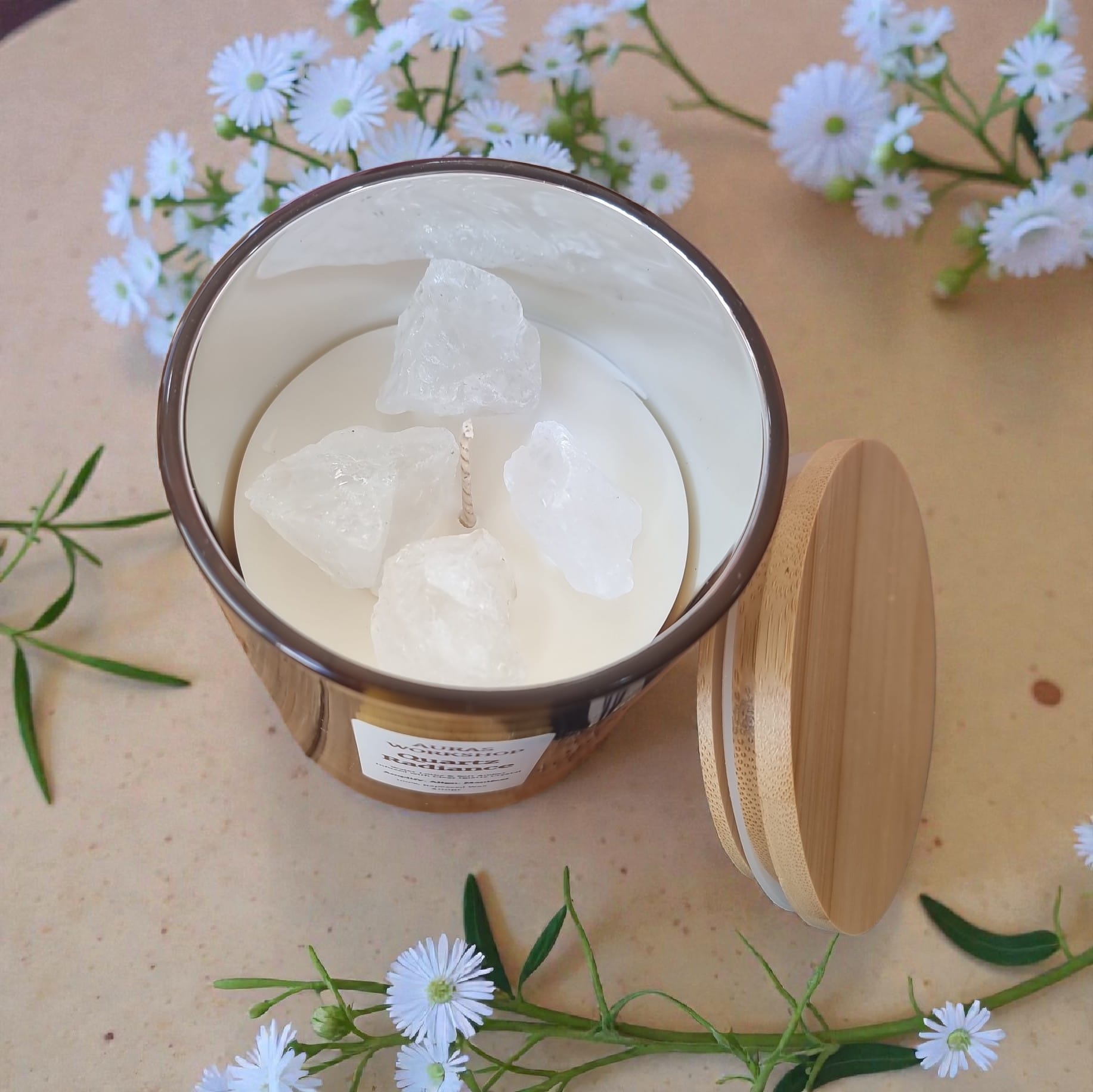 ✨🤍 Aura’s Workshop Quartz Radiance Large Candle | Water Lotus & Soft Amber | Clear Quartz Infused | 400g | 100% Rapeseed Wax - Auras Workshop Auras Workshop
