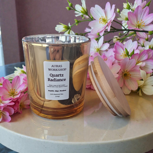 ✨🤍 Aura’s Workshop Quartz Radiance Large Candle | Water Lotus & Soft Amber | Clear Quartz Infused | 400g | 100% Rapeseed Wax - Auras Workshop Auras Workshop