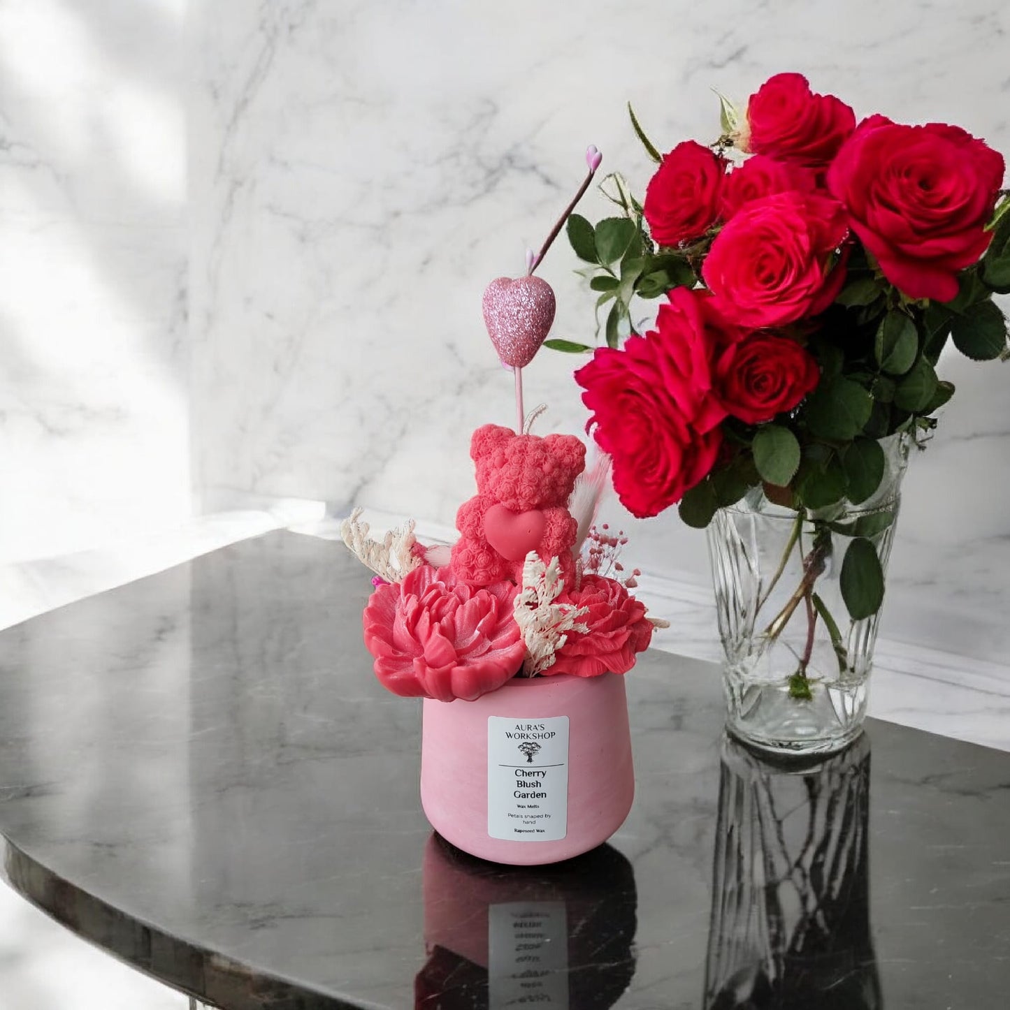 🍒🌸 Cherry Blush Garden Bouquet | Porcelain Pink Vase & Wax Melt Decoration | Valentine’s Edition - Auras Workshop Auras Workshop