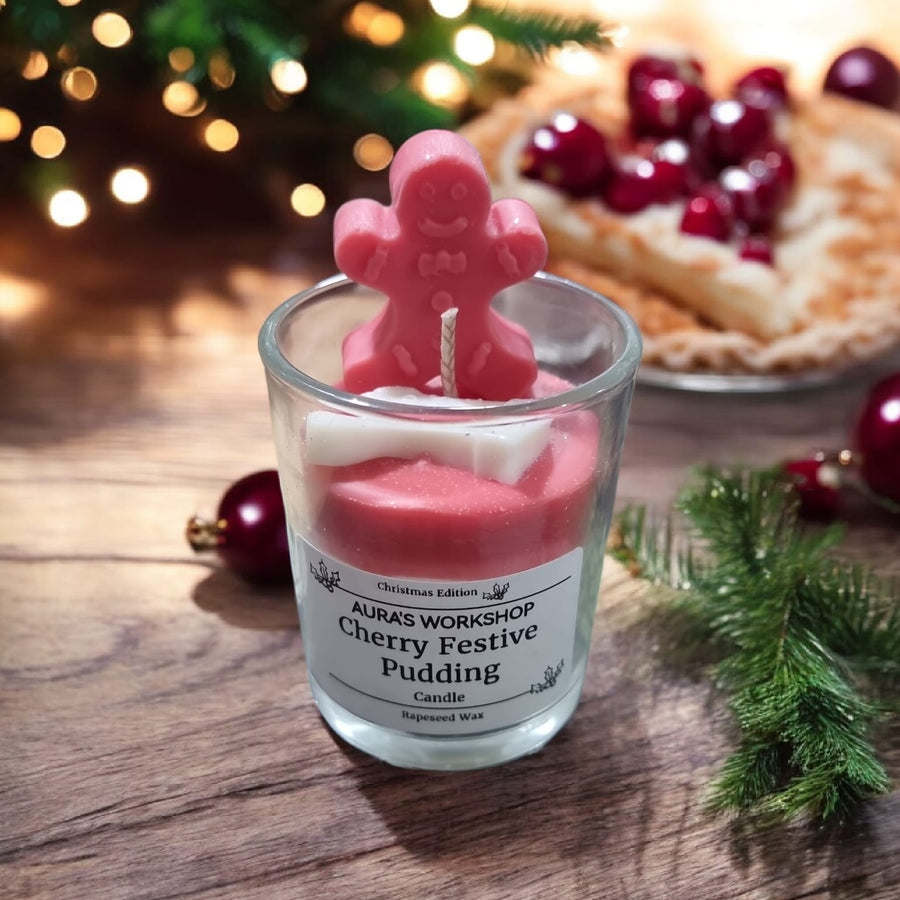 🍒🎄 Cherry Festive Pudding Mini Candle – Christmas Edition