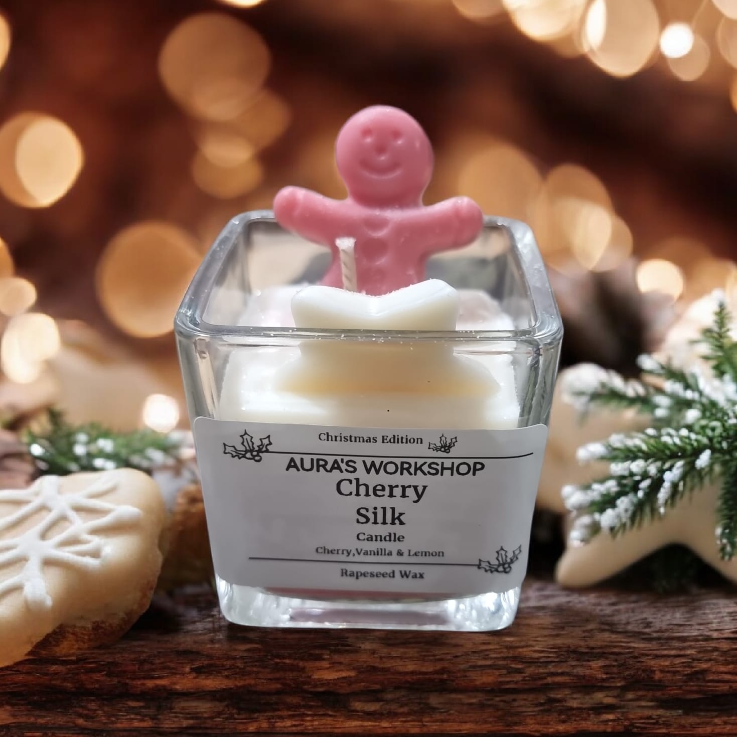 🍒✨ Cherry Silk Candle – Square Design | Cherry, Vanilla & Lemon | Christmas Edition | Aura’s Workshop - Auras Workshop Auras Workshop