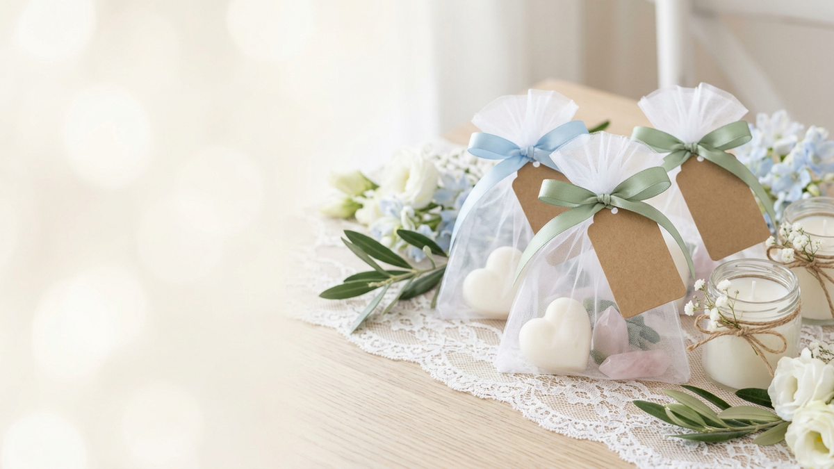 Christening favours Cyprus — tulle pouches with heart soaps, rose quartz and candles