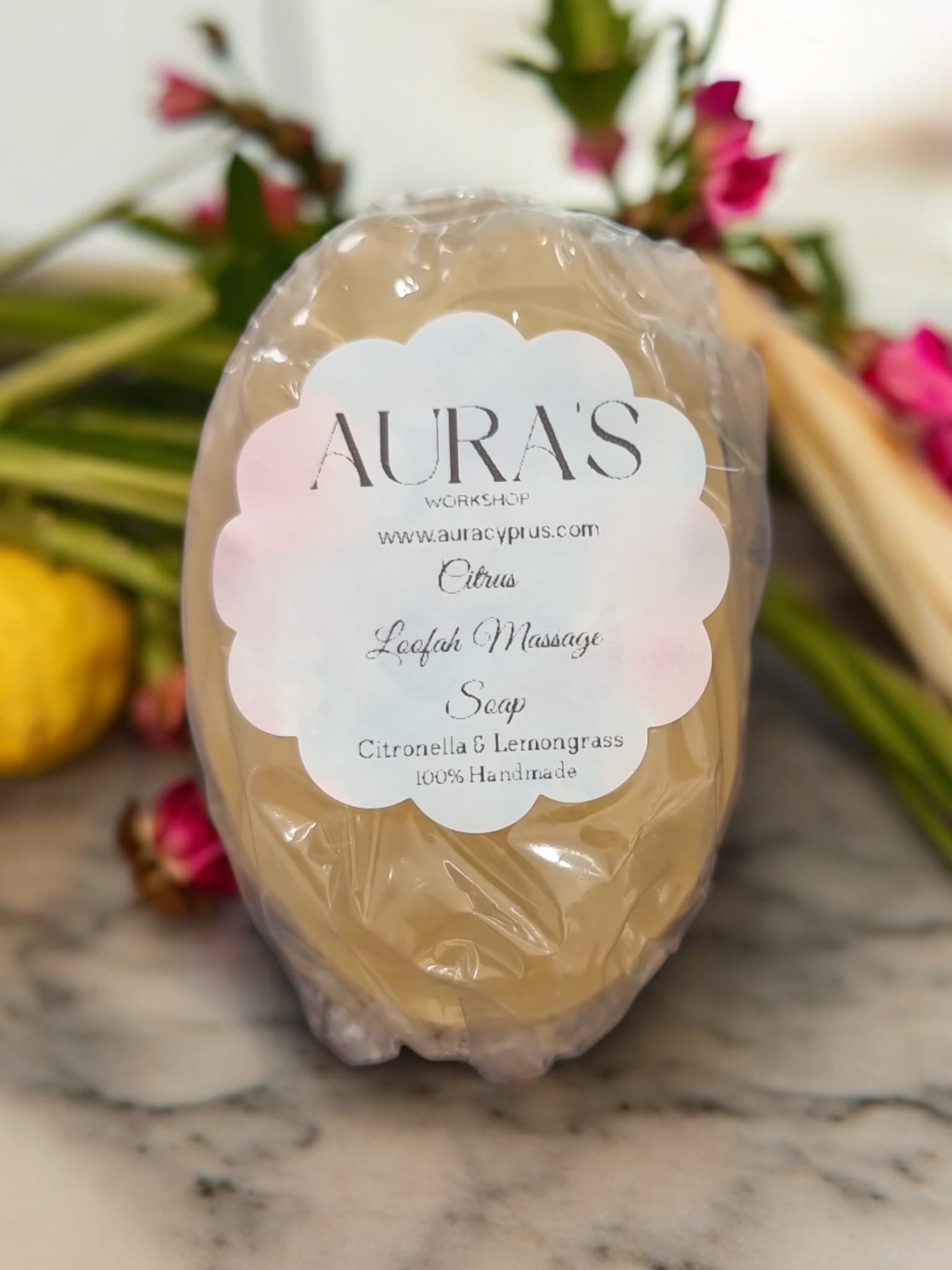 Citrus Loofah Massage Soap with Cintronella & Lemongrass Scented - Auras Workshop Auras Workshop