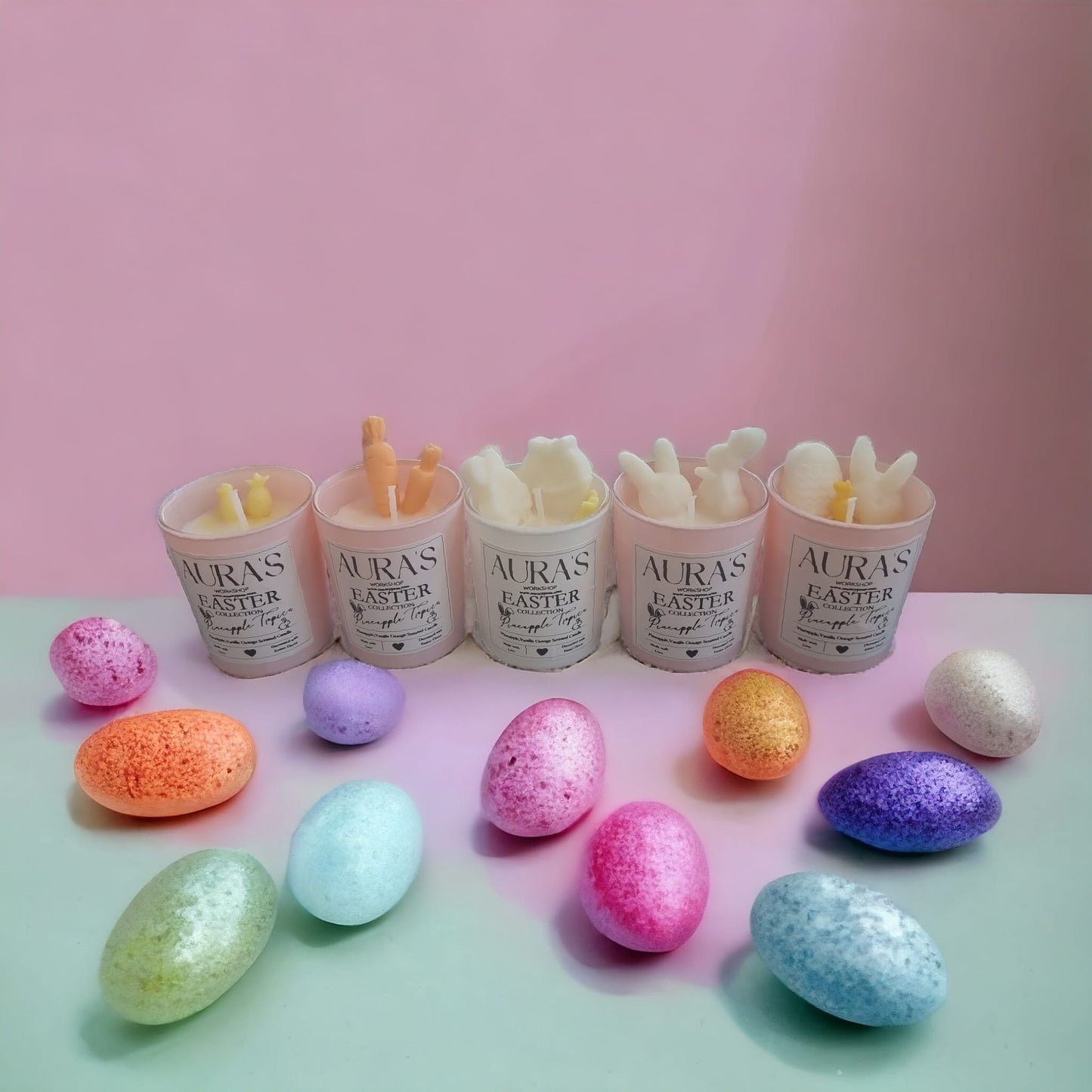 Easter Collection: 6 Small Pineapple Tropics Scented Candles with Easter Decor - Auras Workshop Auras Workshop