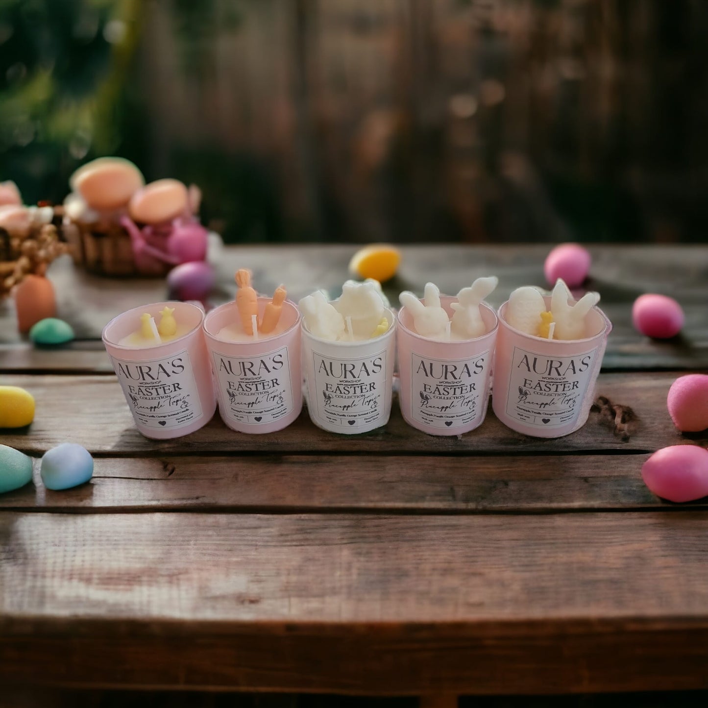 Easter Collection: 6 Small Pineapple Tropics Scented Candles with Easter Decor - Auras Workshop Auras Workshop