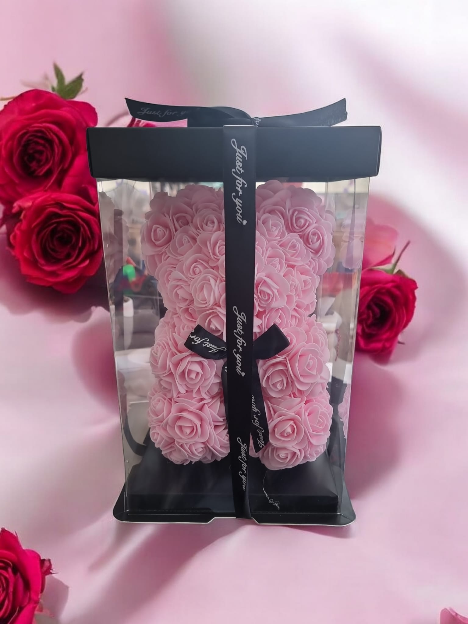 Eternal Love Pink Rose Medium Bear in Box – 25cm Romantic Valentine’s Gift - Auras Workshop Auras Workshop