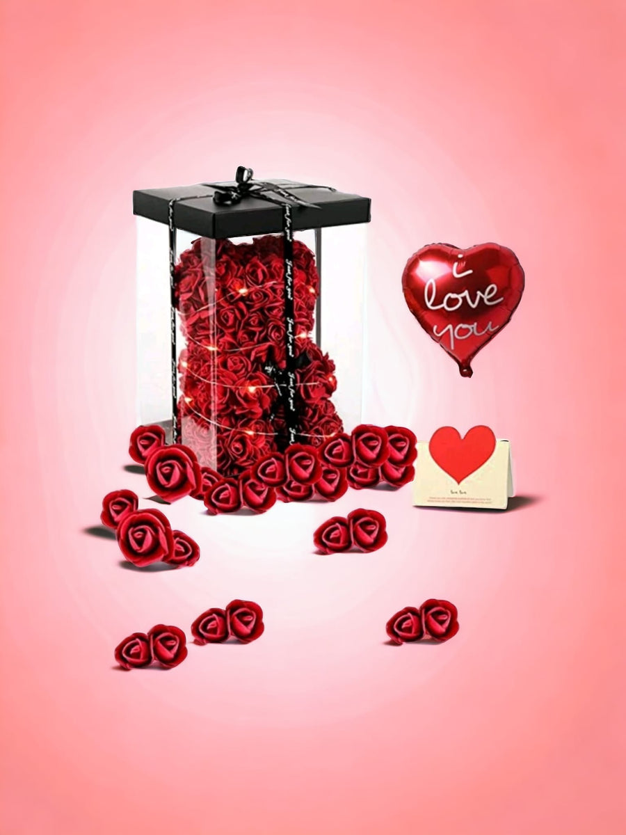 Eternal Love Roter Rosenbär in Geschenkbox mit Ballon, Lichtern und Karte – Geschenk zum Valentinstag