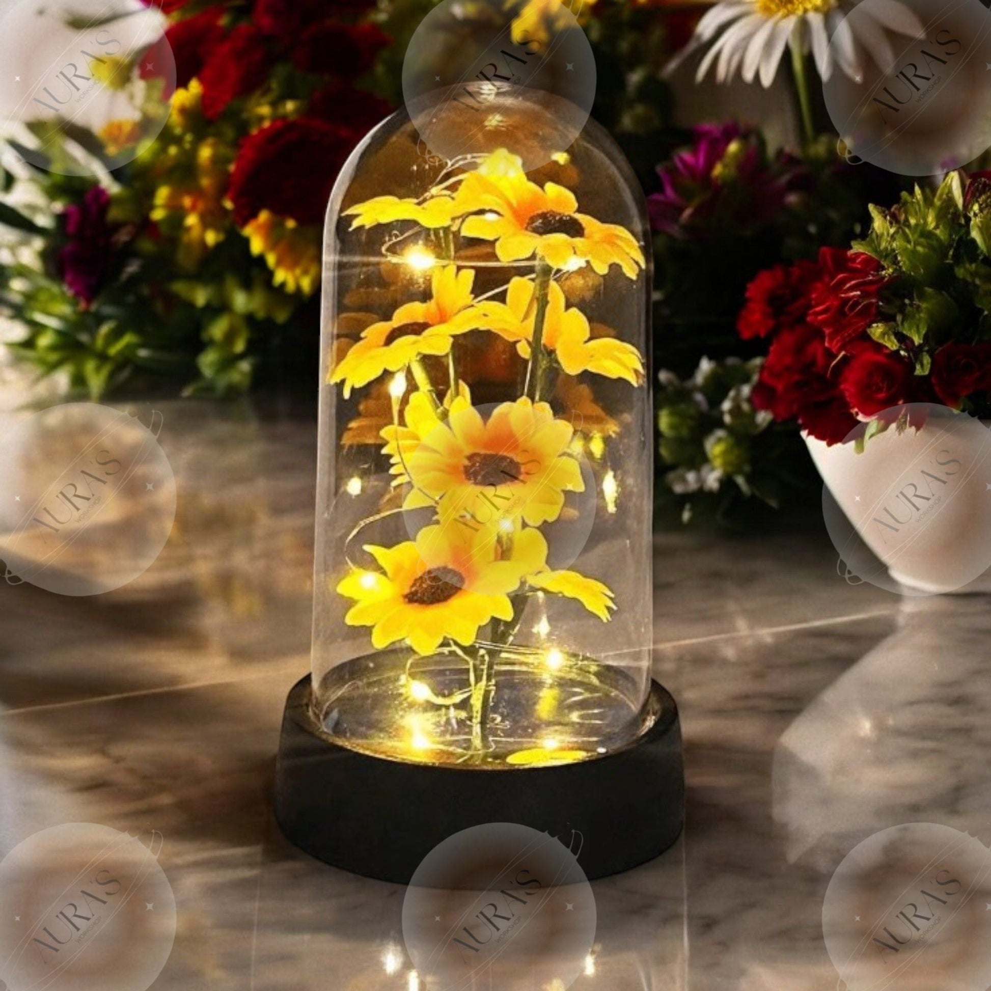 Eternal Sunflower Gift Glass Acrylic Cylinder with Lights - A Perfect Gift - Auras Workshop Auras Workshop