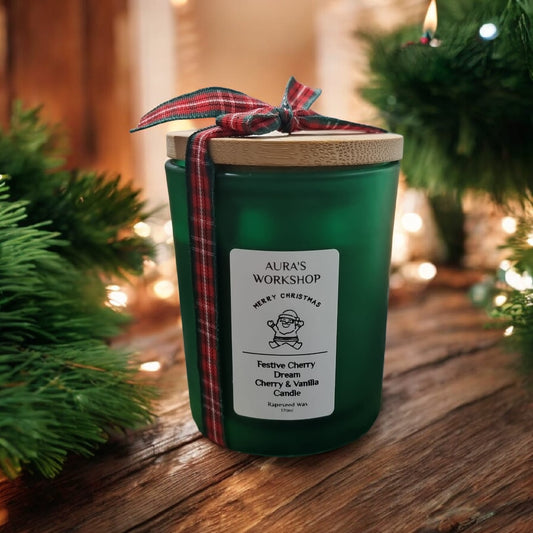 🍒🎄 Festive Cherry Dream Candle – Christmas Edition | Aura’s Workshop | Cherry & Vanilla | Rapeseed Wax | 170ml - Auras Workshop Auras Workshop