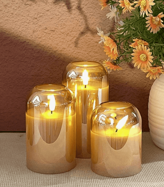 🕯️✨ Flameless Glass Pillar Candle Lights – Set of 3 (No Box) | Remote Control & Timer | Warm Flickering Flame - Auras Workshop Auras Workshop