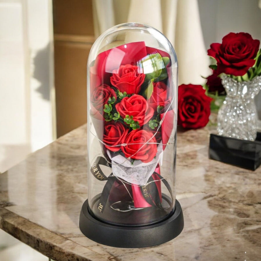 1 rote Rosen im Glas-Acryl-Zylinder mit Lichtern – ein perfektes Geschenk zum Valentinstag 