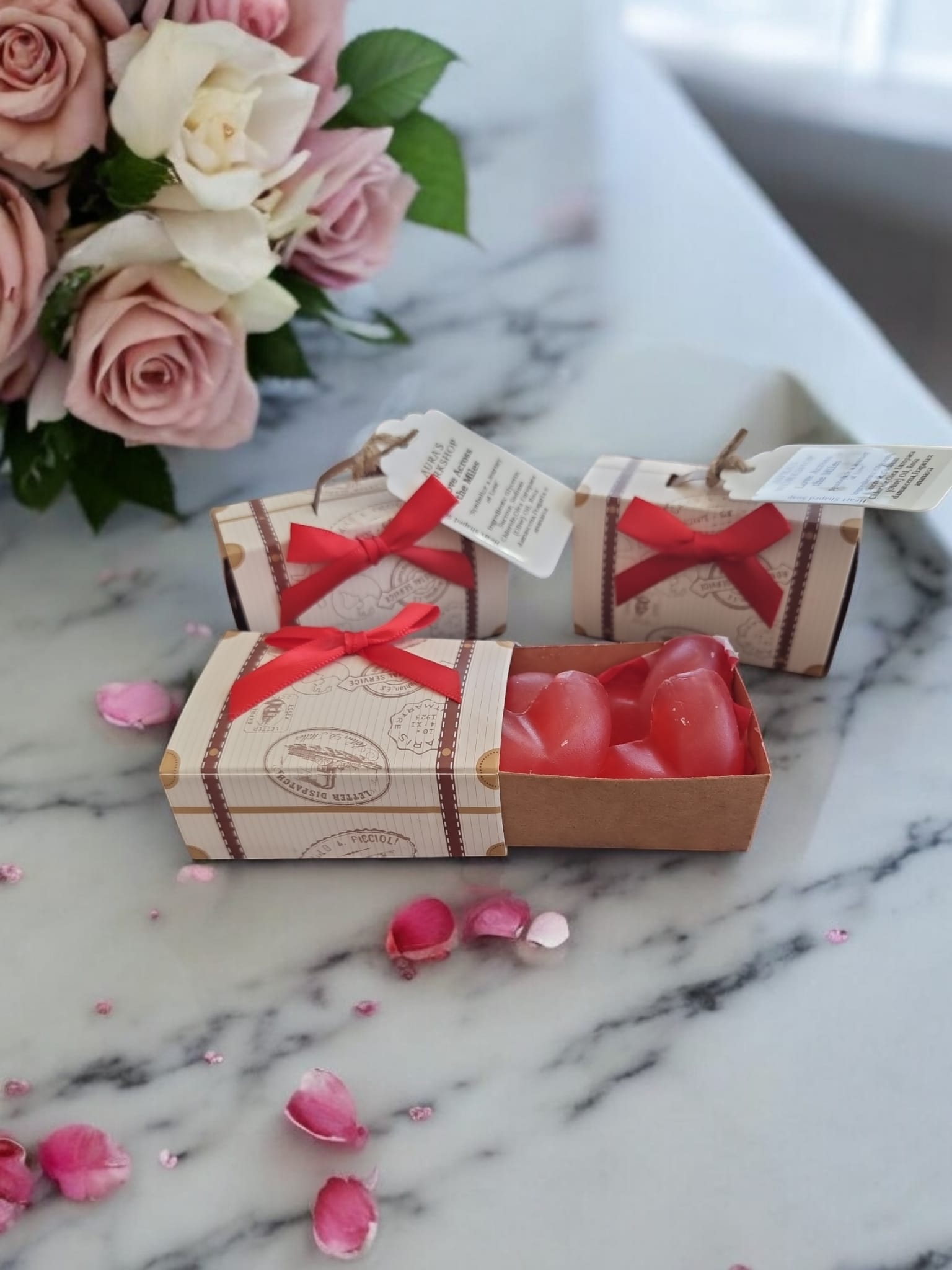 Four Heart - Shaped Soaps in Travel Bag – "Love Across the Miles" Gift Set - Auras Workshop Auras Workshop