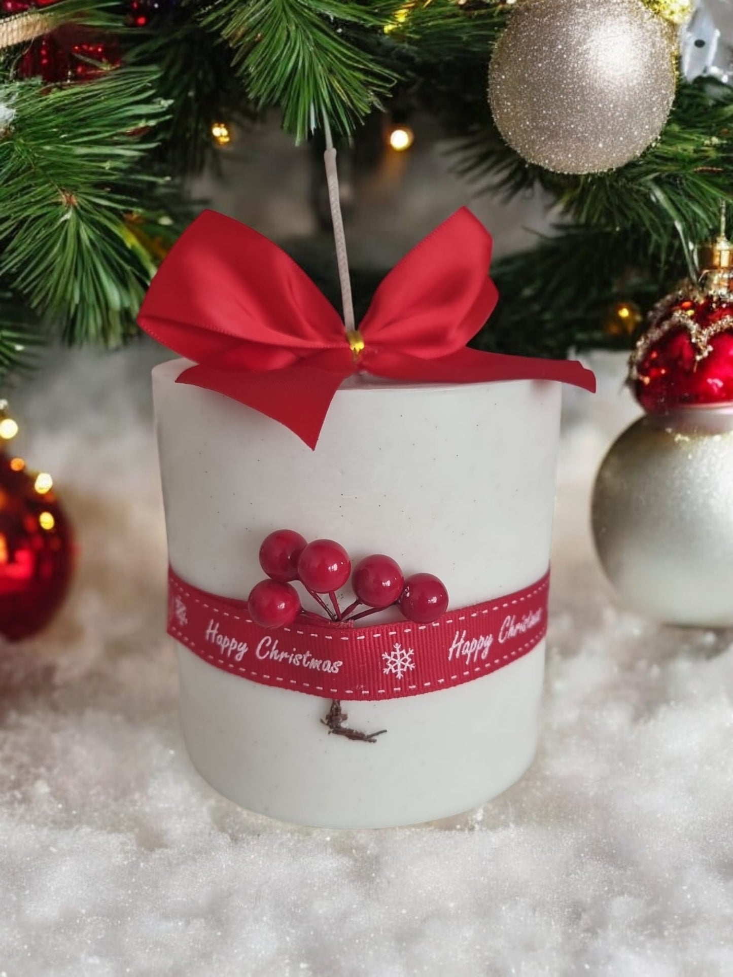 Frosted Christmas Berry Scented Large Pillar Candle with Glitter & Red Bow - Auras Workshop Auras Workshop