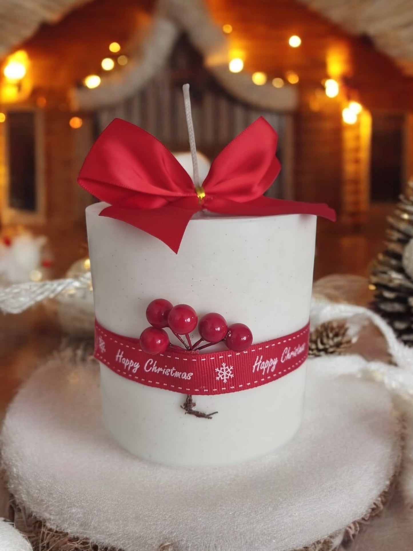 Frosted Christmas Berry Scented Large Pillar Candle with Glitter & Red Bow - Auras Workshop Auras Workshop