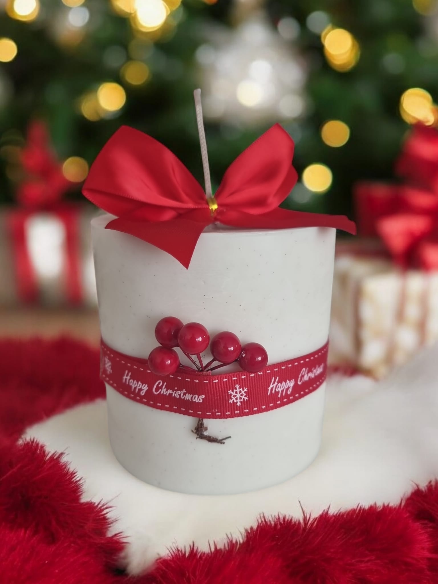 Frosted Christmas Berry Scented Large Pillar Candle with Glitter & Red Bow - Auras Workshop Auras Workshop