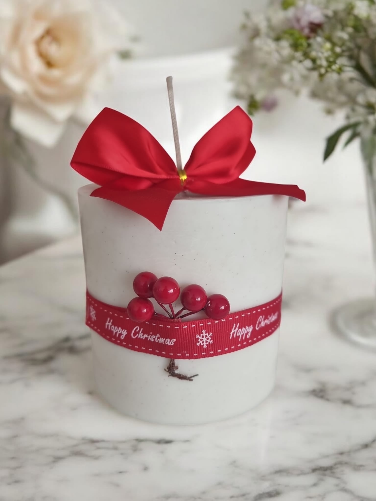 Frosted Christmas Berry Scented Large Pillar Candle with Glitter & Red Bow - Auras Workshop Auras Workshop