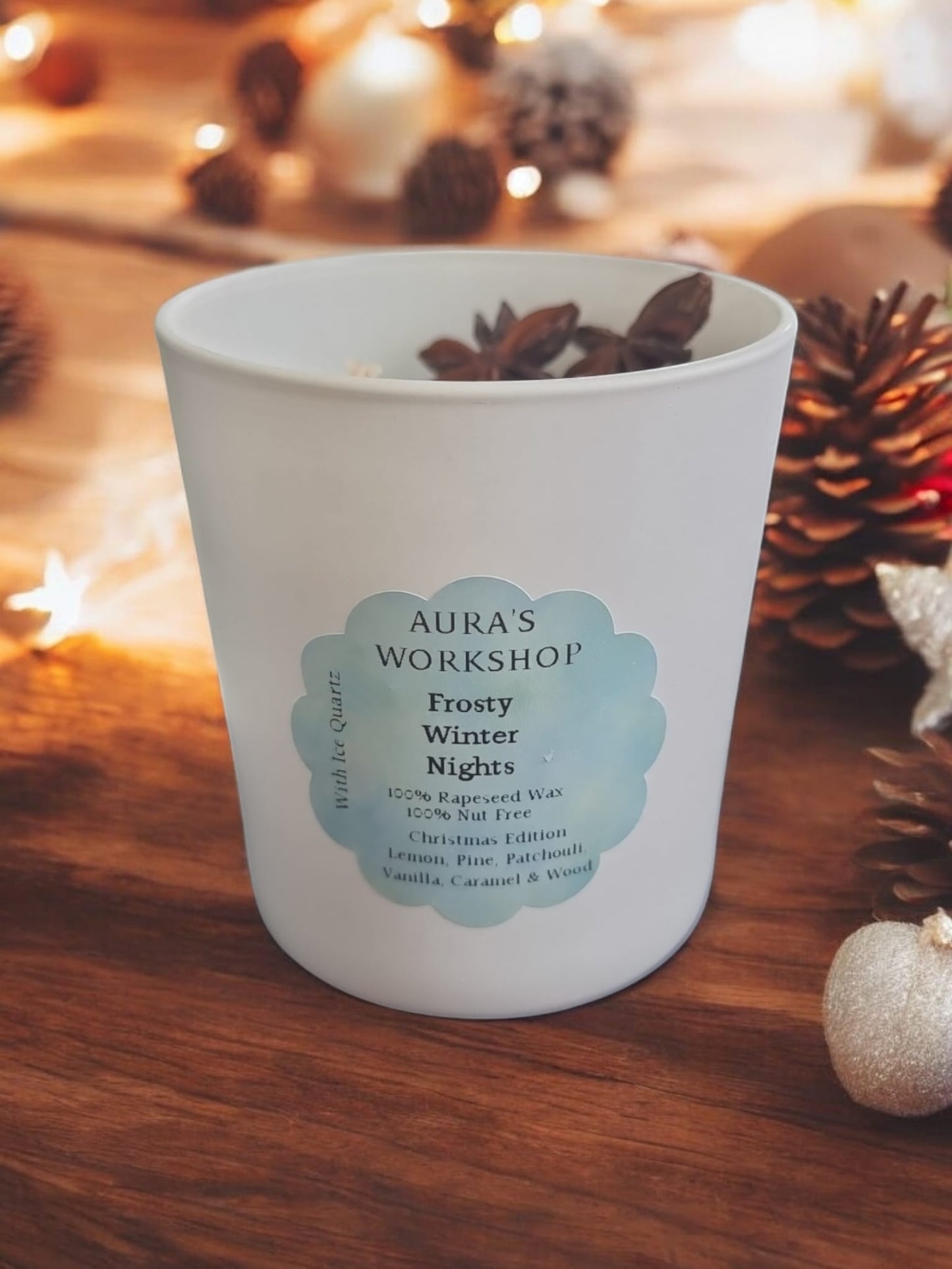 Frosty Winter Nights Candle - With Ice Quartz Crystals Christmas Edition - Auras Workshop Auras Workshop