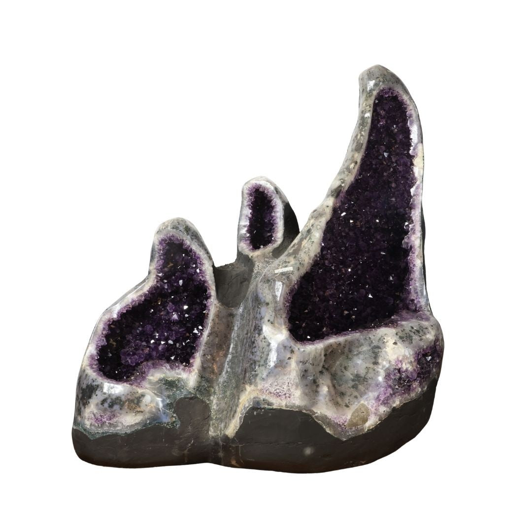 Triple Amethyst Geode Sculpture – 60–110 cm, 331 kg