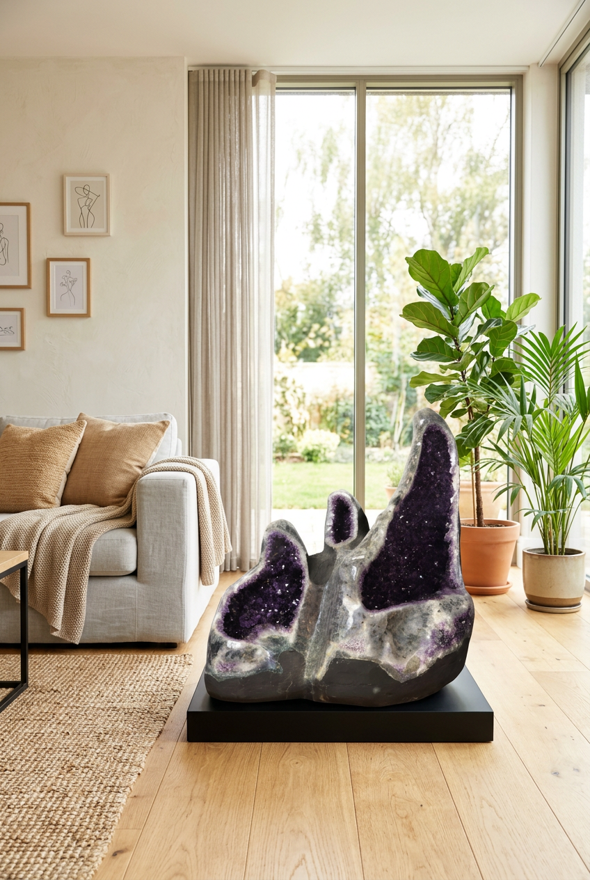 Triple Amethyst Geode Sculpture – 60–110 cm, 331 kg