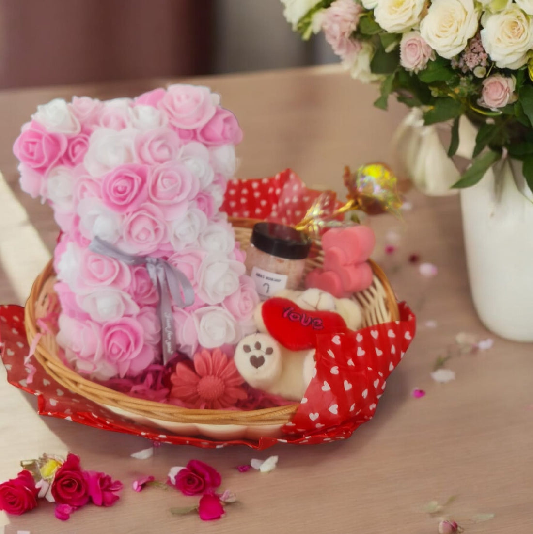 Gift Basket Hamper – Rose Teddy Bear, Bath Salts, Candle & Gold Artificial Rose - Auras Workshop Auras Workshop