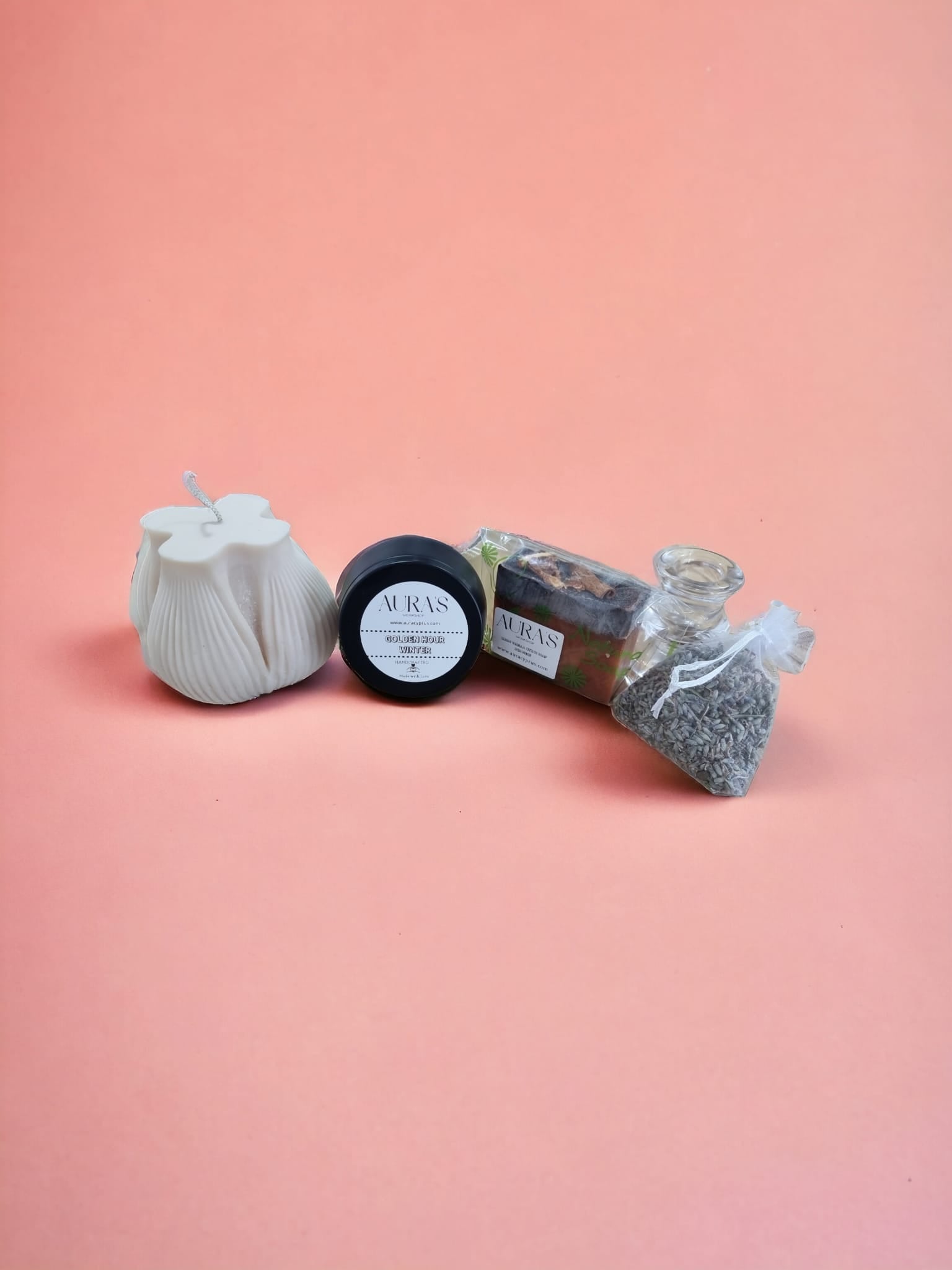 Gift Set: Candle, Candle Tin, Soap, Lavender Bag, Glass Pillar Holder - Auras Workshop Auras Workshop