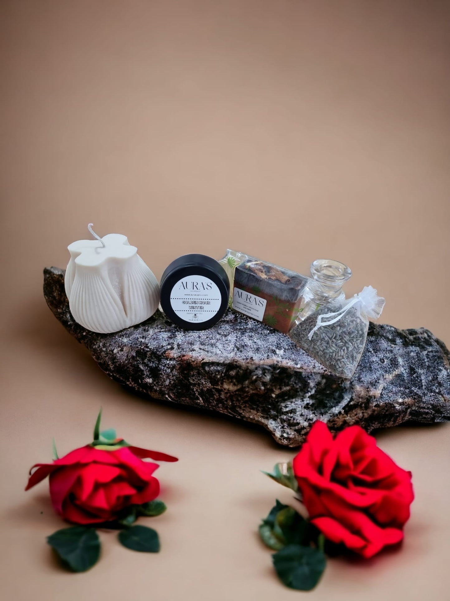 Gift Set: Candle, Candle Tin, Soap, Lavender Bag, Glass Pillar Holder - Auras Workshop Auras Workshop