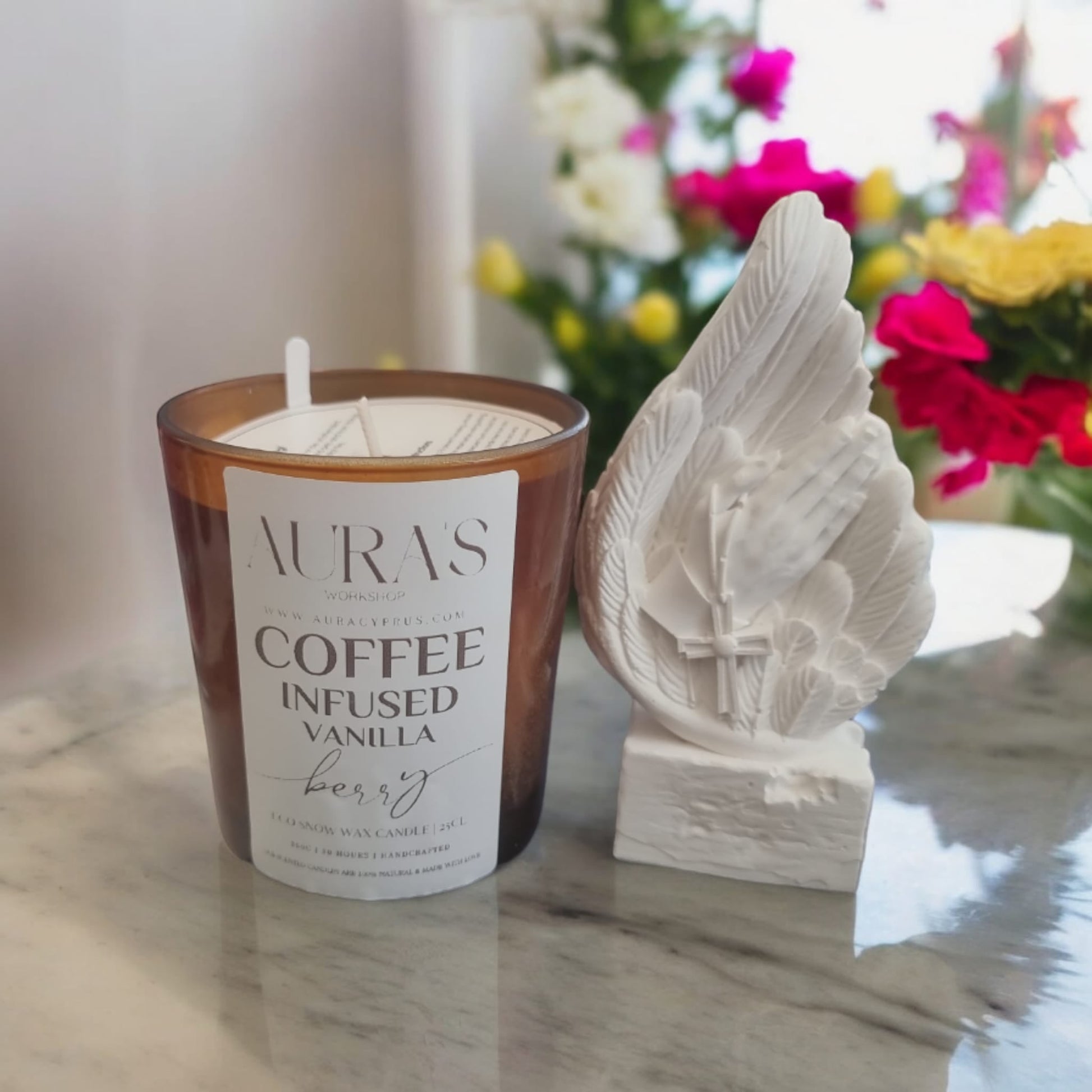 Gift Set: Grace & Light - Eco Pearl Candle & Praying Hands with Cross Angel Wing Home Decor - Auras Workshop Auras Workshop