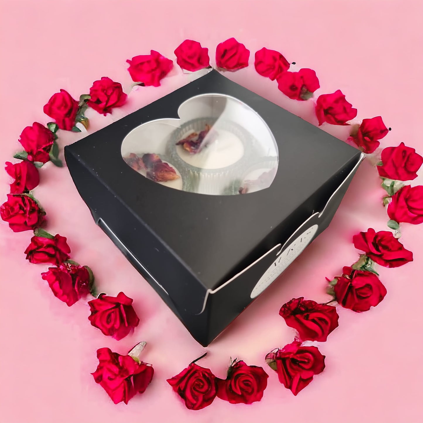 Gift Set - Heart - Shaped Tealights in Vanilla Cream Scent with Rose Petals, Presented in a Black Box - Auras Workshop Auras Workshop