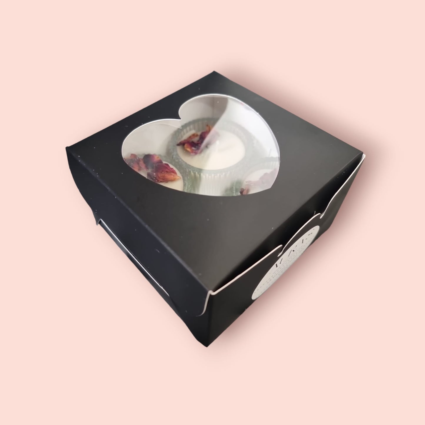 Gift Set - Heart - Shaped Tealights in Vanilla Cream Scent with Rose Petals, Presented in a Black Box - Auras Workshop Auras Workshop