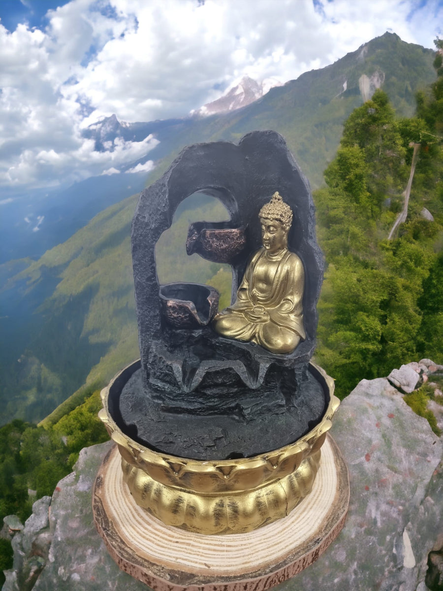 Golden Meditating Buddha Tabletop Water Feature: Serenity in Motion