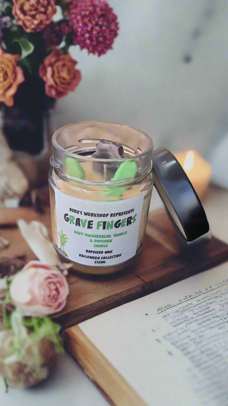💀 Grave Fingers Candle – Gooey Gingerbread, Vanilla & Popcorn Scent | Halloween Collection by Aura’s Workshop - Auras Workshop Auras Workshop
