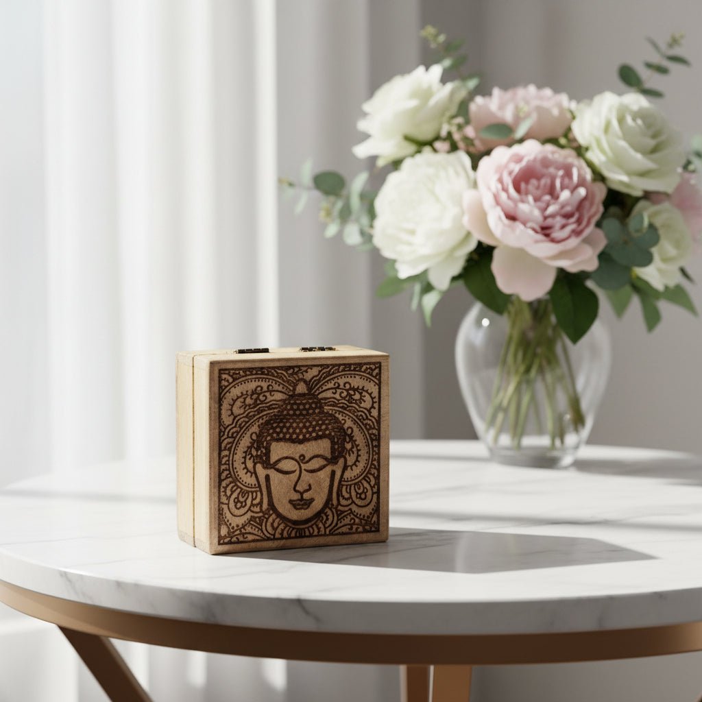 Handmade Buddha Crystal Storage Box – Black Engraved Box - Auras Workshop Auras Workshop