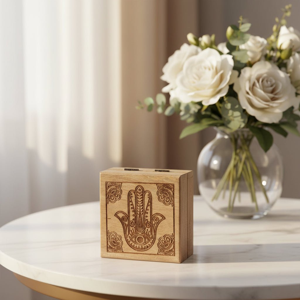 Handmade Hamsa Crystal Storage Box – Black Engraved - Auras Workshop Auras Workshop