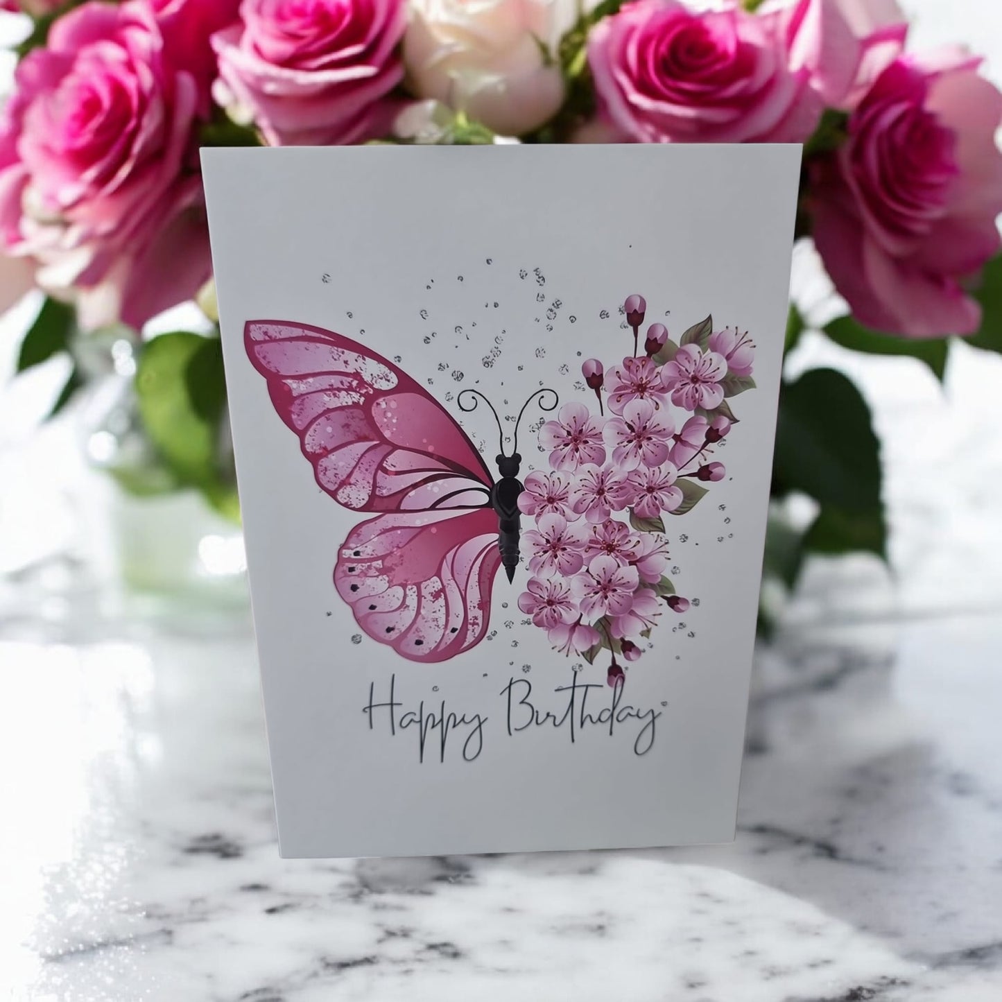 🦋🌸 “Happy Birthday” Card | Butterfly & Blossom Design | Elegant Folding Card - Auras Workshop Auras Workshop