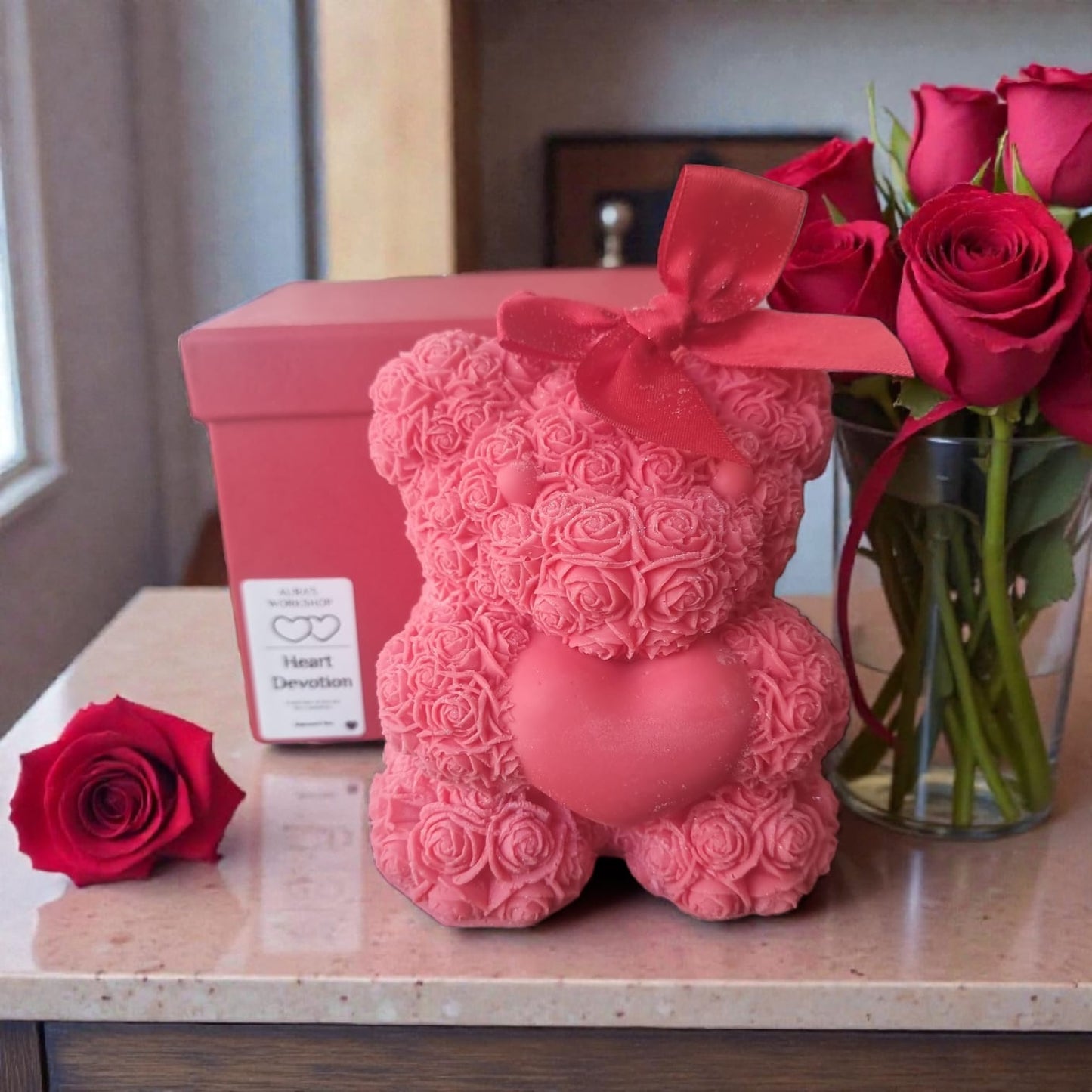 ❤️🐻 Heart Devotion Teddy Bear Candle | Berry Sweetness | Large Valentine’s Candle in Red Gift Box - Auras Workshop Auras Workshop