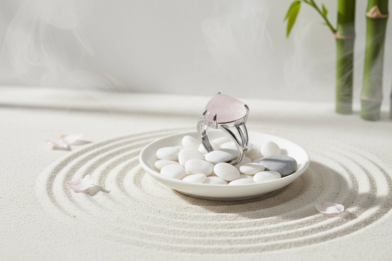 💗✨ Heart Shape Rose Quartz Ring | Silver Tone | Love & Compassion Crystal Jewellery - Auras Workshop Auras Workshop