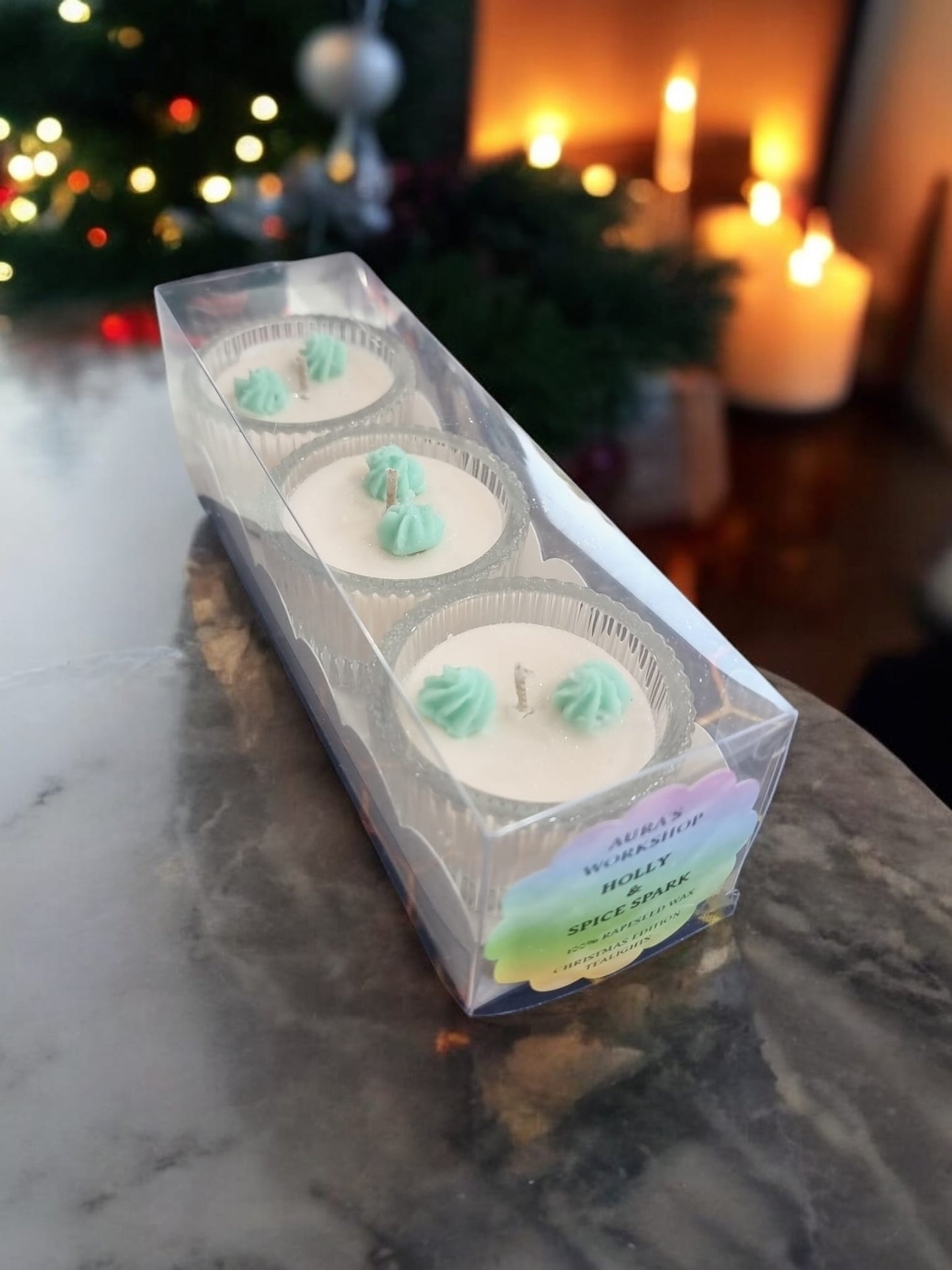 Holly & Spice Spark Christmas Scented 3x Candle Tea lights - Auras Workshop Auras Workshop